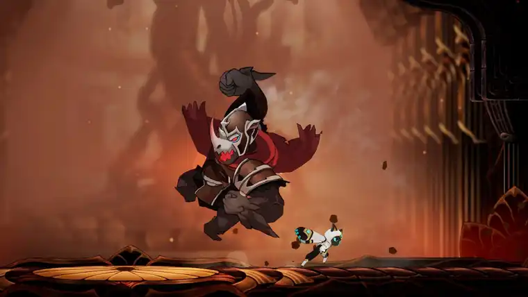Kisha facing a large horned boss in a red-lit chamber